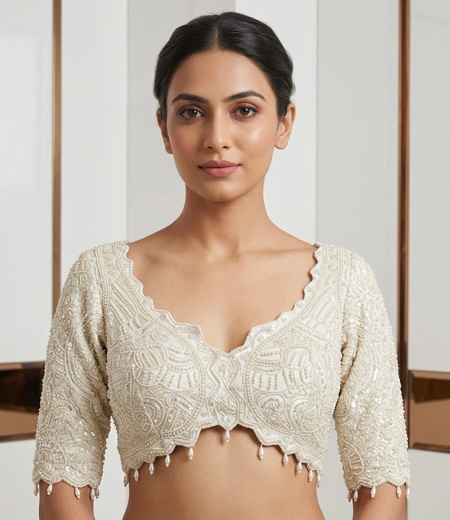 White karaana work with sleeve Blouse 👚