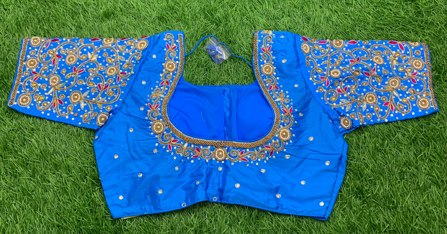Sky 🌌 blue red mix gold maggam work blouse