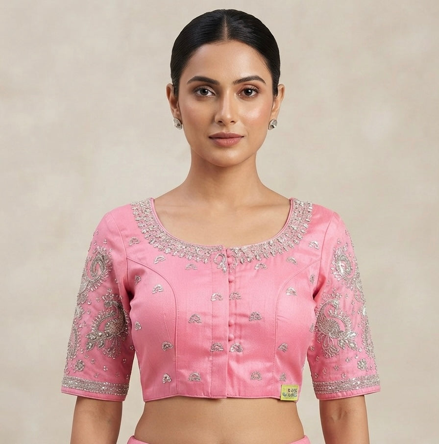Pink Silver maggam work blouse