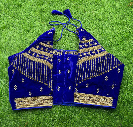 Royal blue velvet golden work heavy blouse