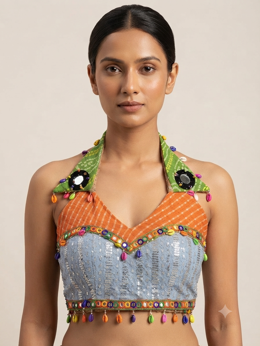 Kutchi Mirror Work Halter Neck Designer sleeveless Blouse