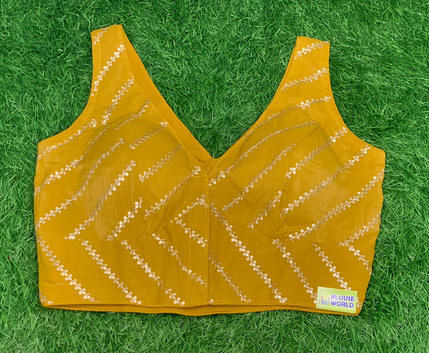 Front v back high neck mustard yellow blouse with hands