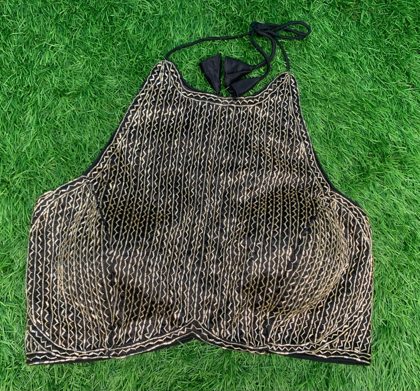 Black colour alter neck backless blouse