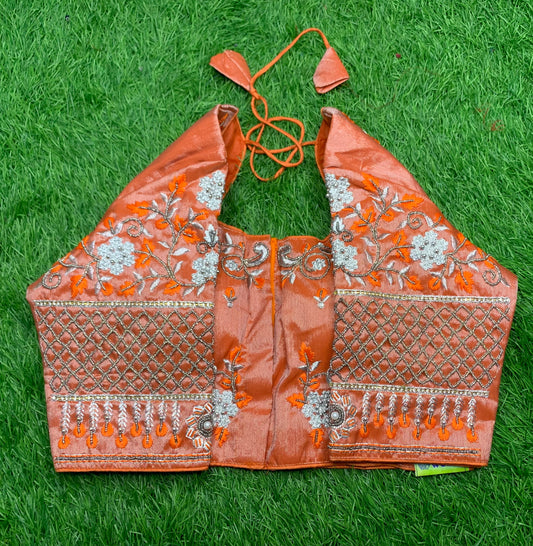 Orange 🍊 silver 🩶 tissue with flowers 🌺 work design blouse 👚