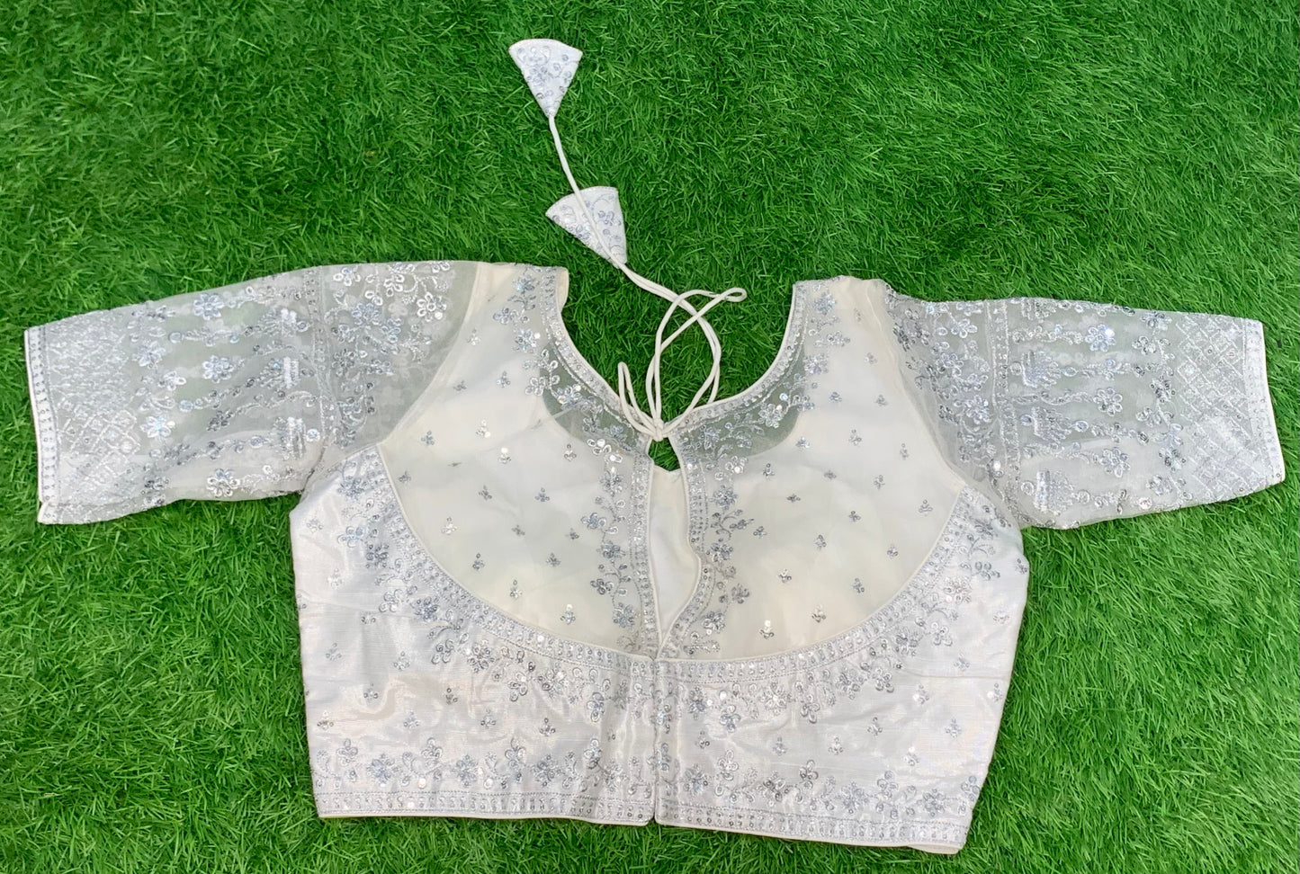 Silver self embroidery work back fancy cut