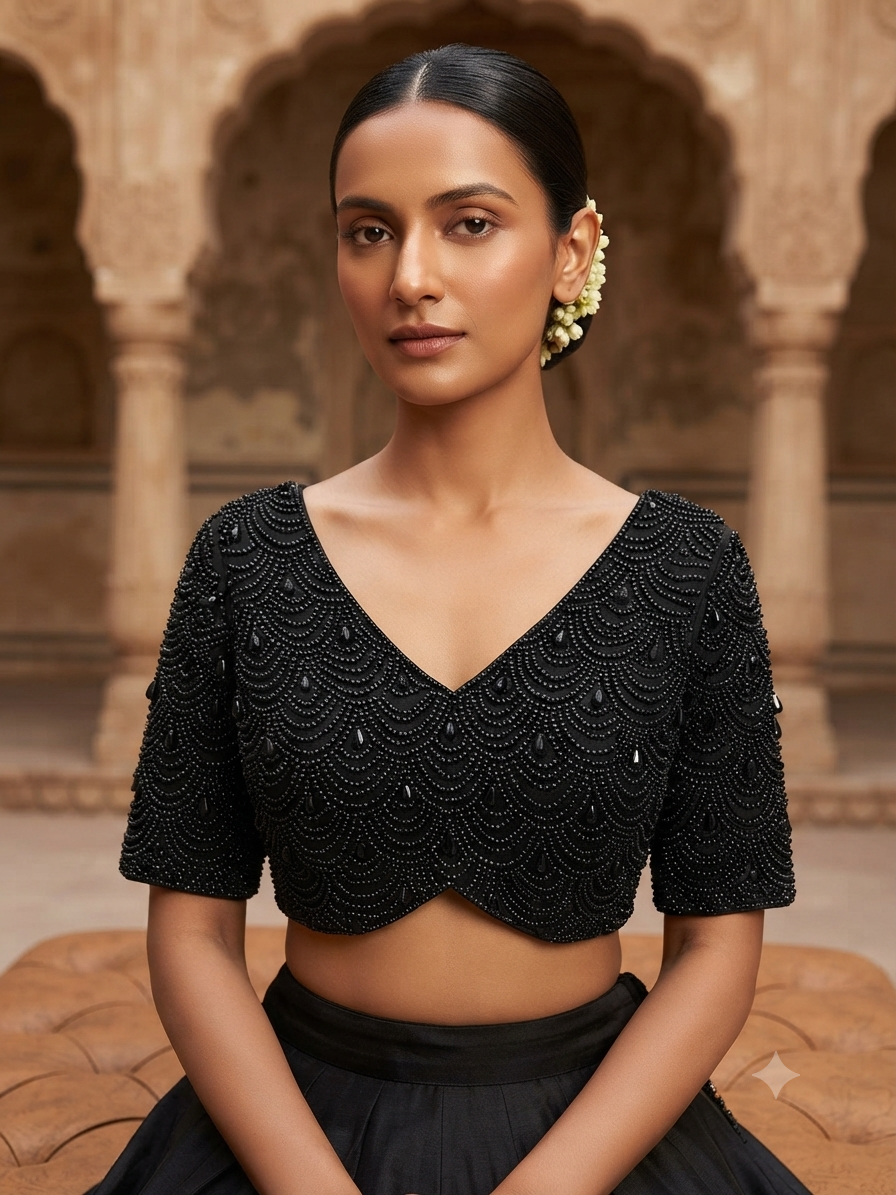 ✨ Premium Black Scallop Beaded work with sleeve Blouse 👚