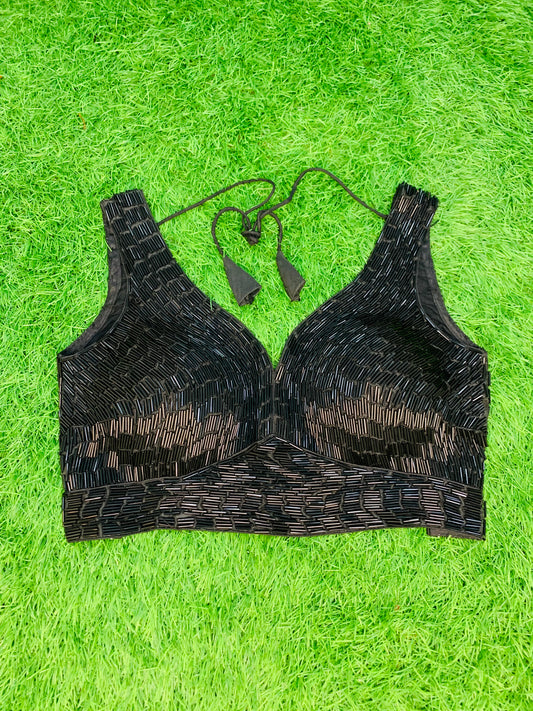 Black beads work sleeveless blouse