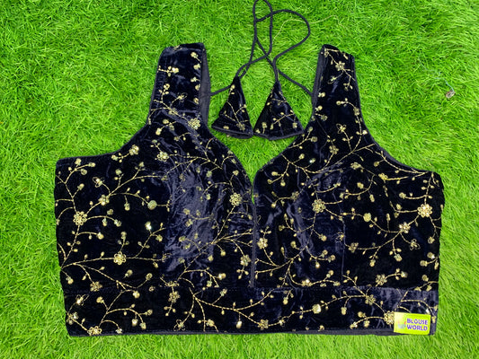 Navy blue fancy velvet blouse with hand