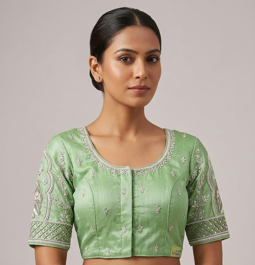 Parrot green silver maggam work blouse