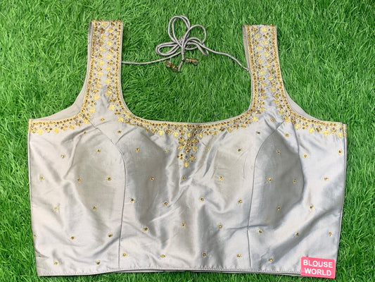 Grey golden work sleeveless blouse