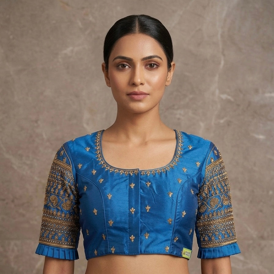 Dark sky blue maggam work blouse