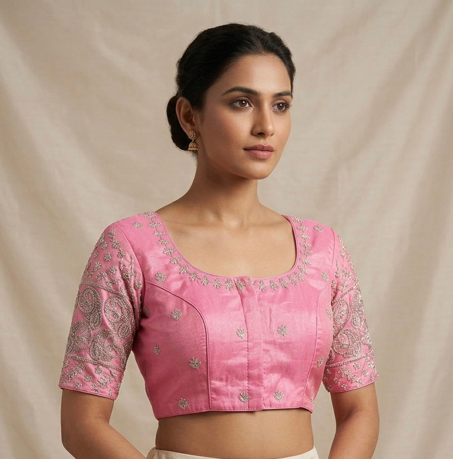 Pink Silver maggam work blouse