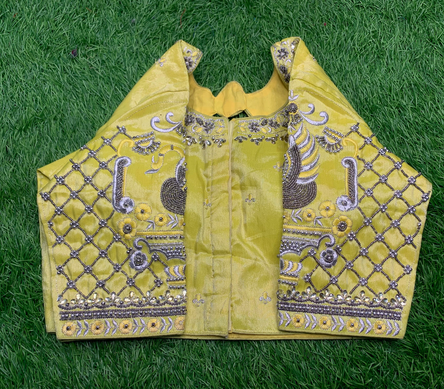 Peacock 🦚 designer back round design blouse 👚 yellow colour