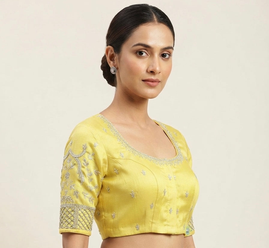 Yellow Silver maggam hands work Blouse 👚