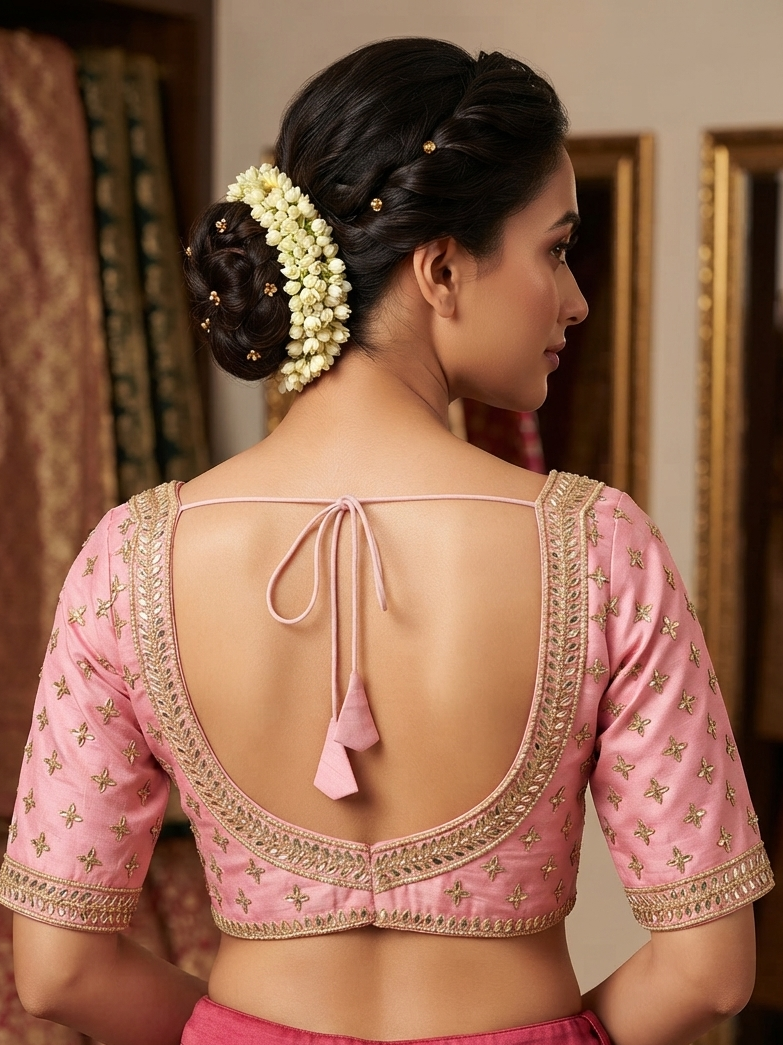 Pink silk maggam work with sleeveless Blouse 👚