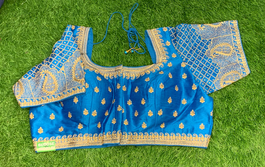 Sky blue with gold zari blouse heavy embroidery