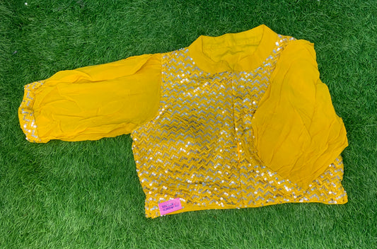 Yellow with silver sequence puff hands high front n back blouse