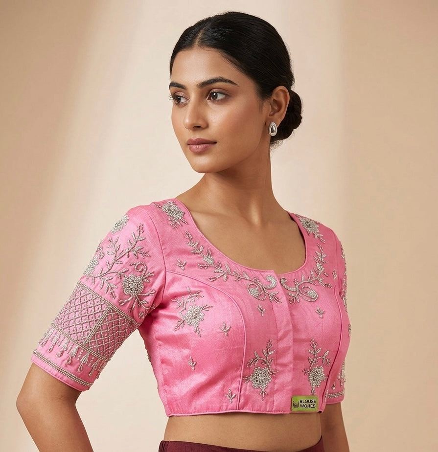 Pink Silver maggam work blouse