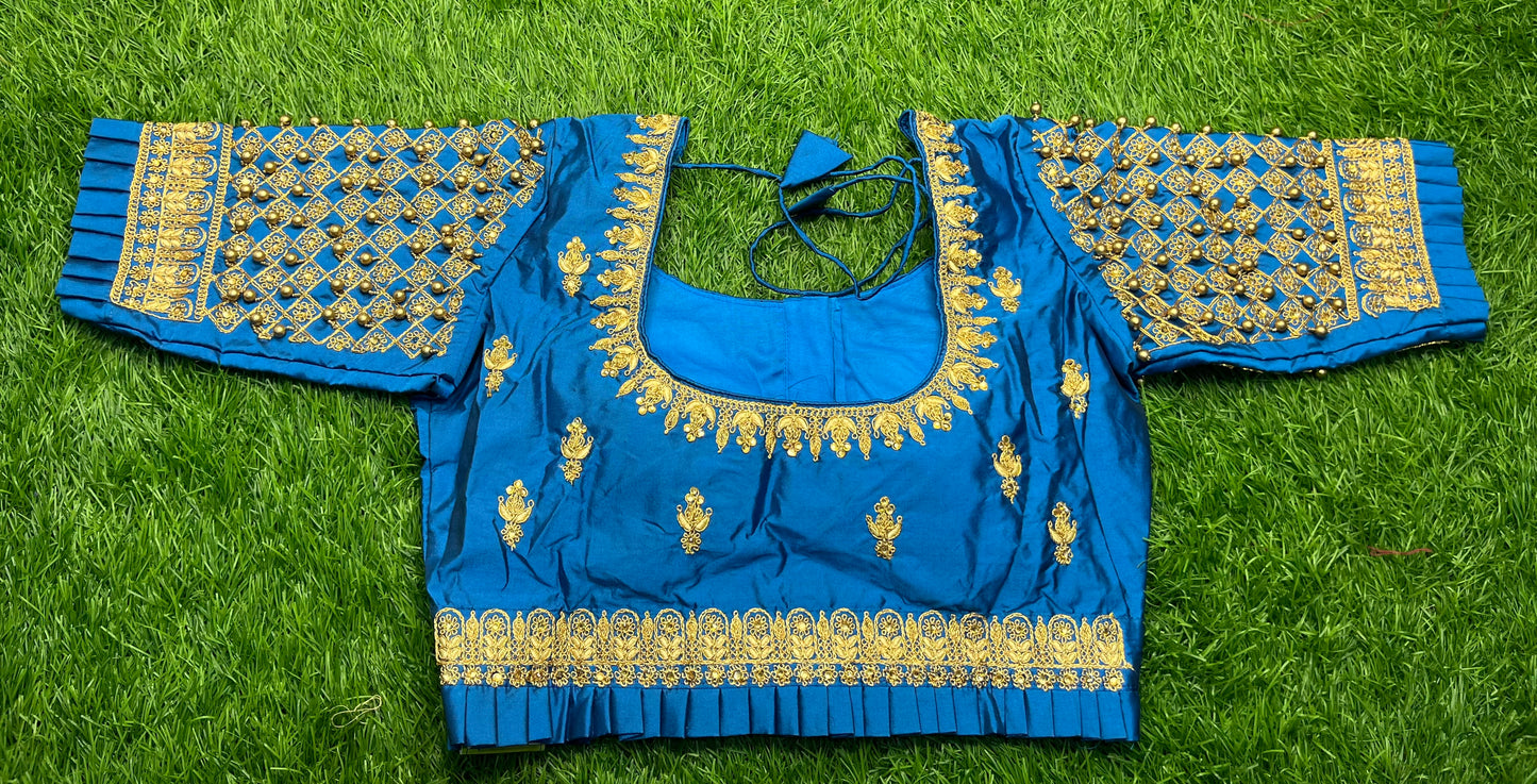Fairoza blue with small golden hanging balls hands and waist with frills design