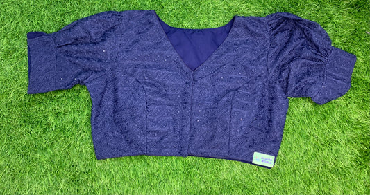 High neck puff hands navy blue colour blouse