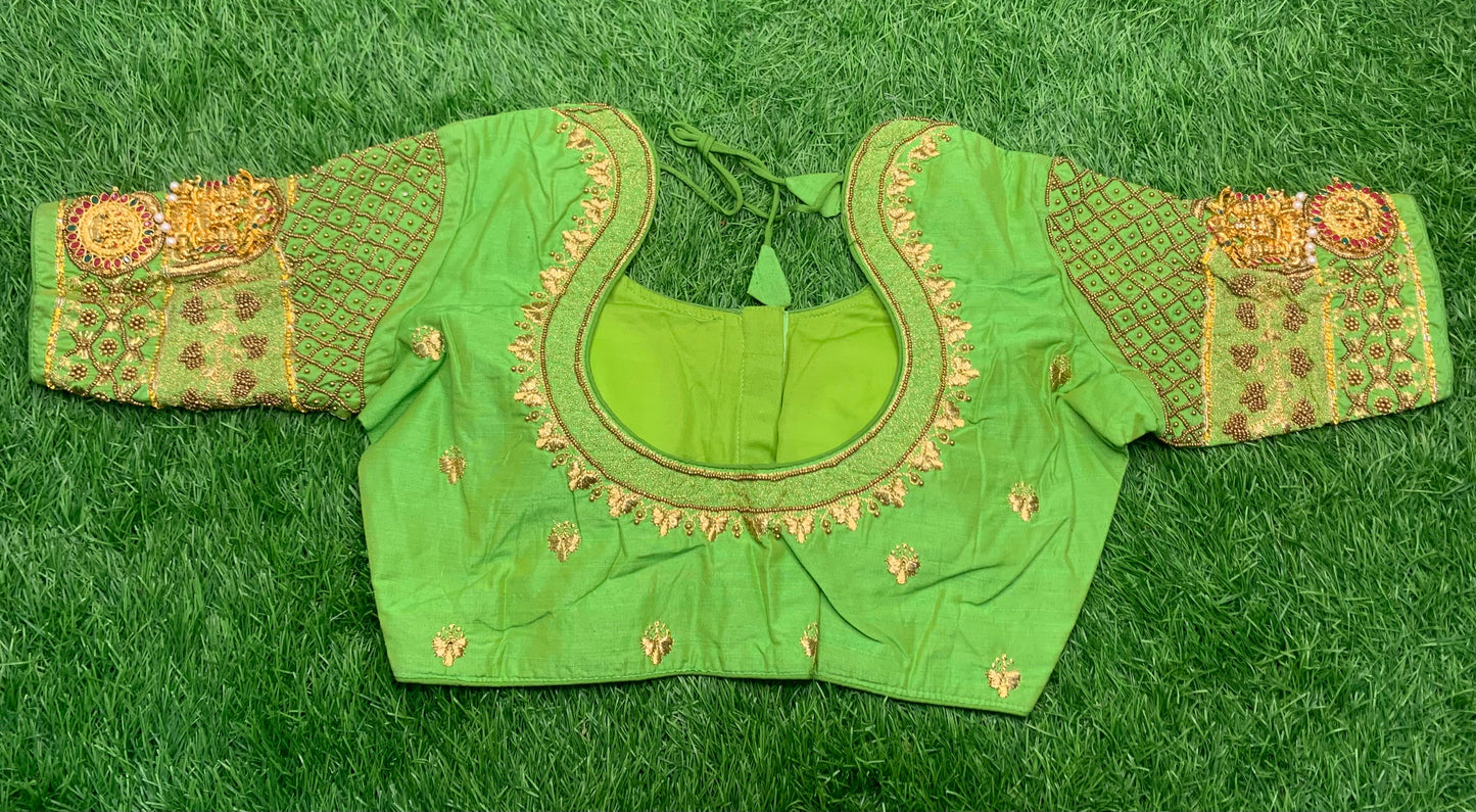 Parrot 🦜 green with double Billa model designer blouse 👚