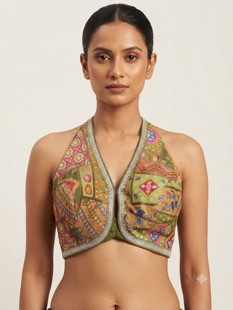 Front v neck back high neck digital print blouse 👚
