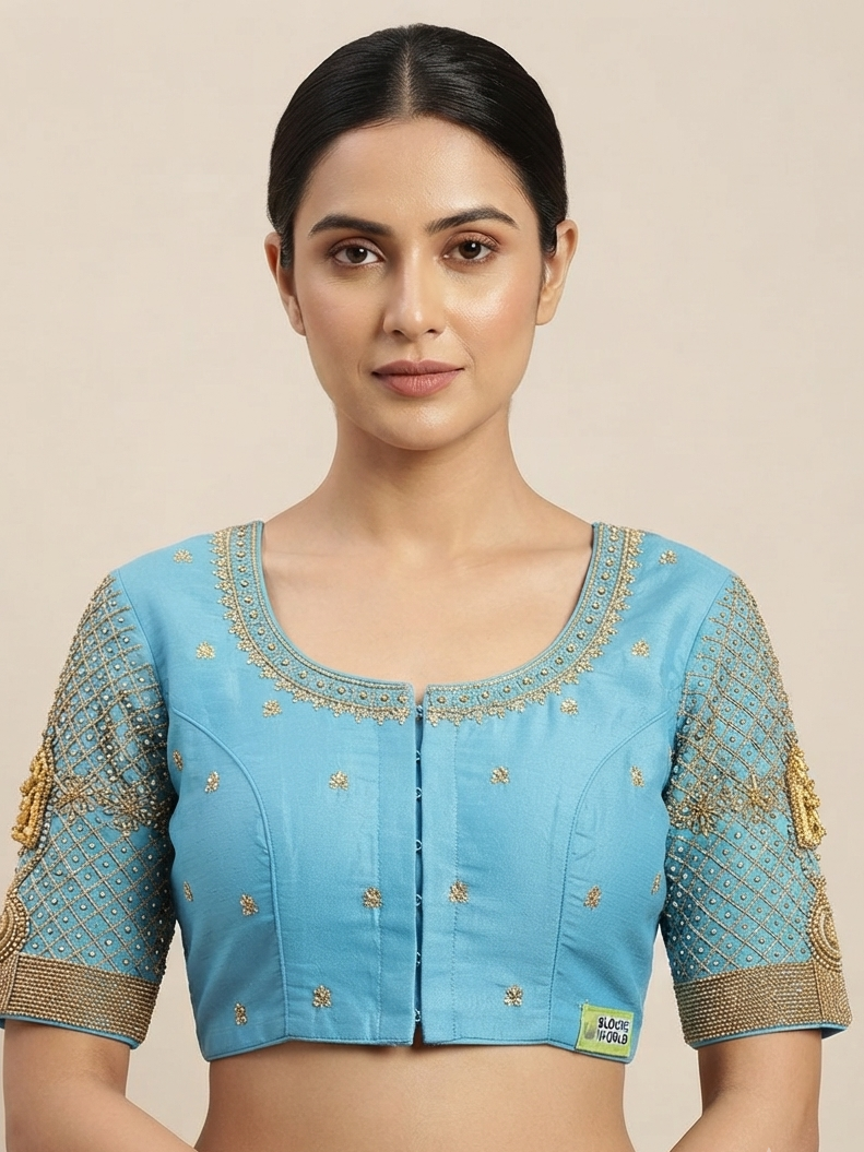 Sky blue maggam work gold Blouse 👚