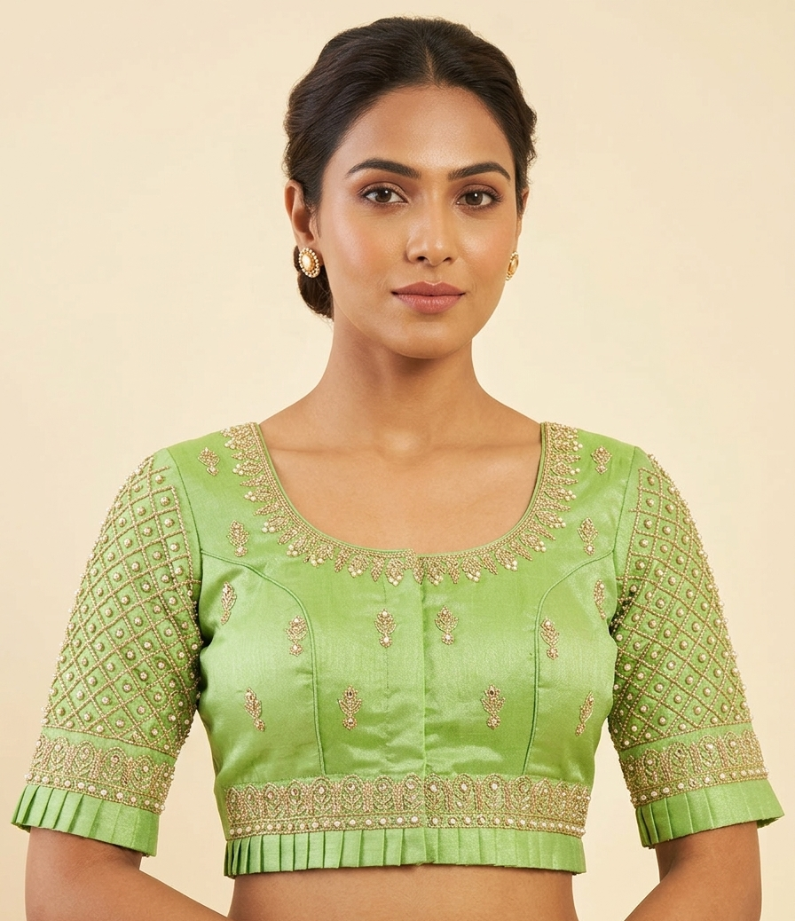Parrot green silver maggam work blouse