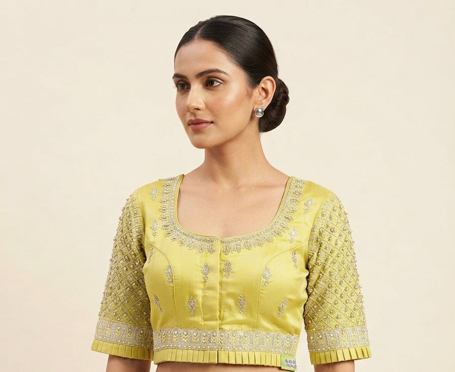 Yellow Silver maggam hands work Blouse 👚