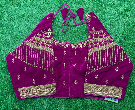 Magenta pink golden work velvet blouse 👚