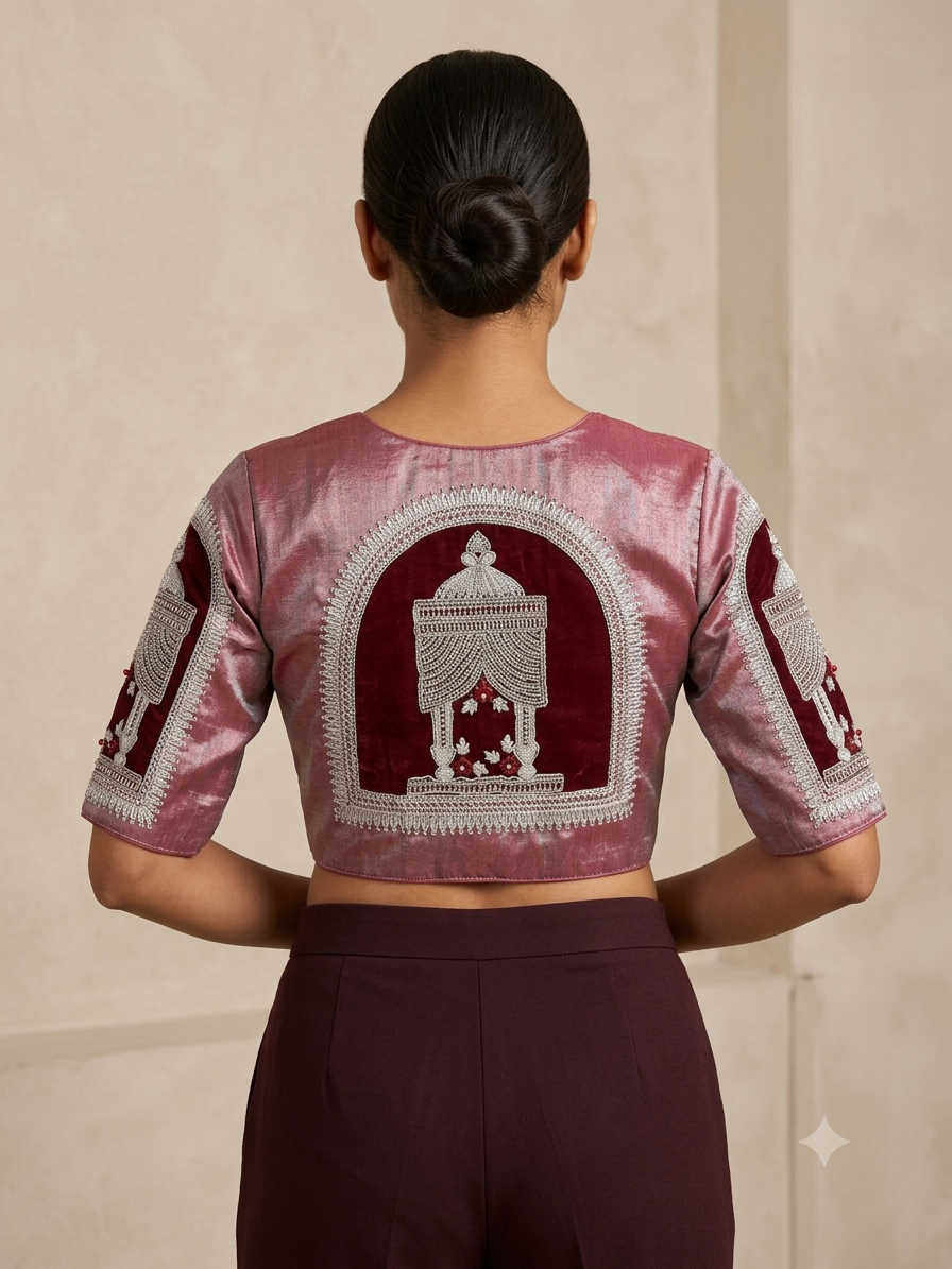 Marroon tissue silver maggam work blouse