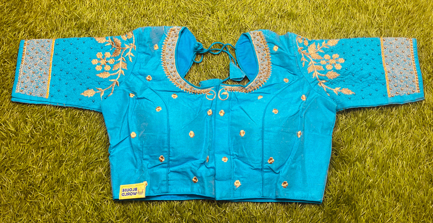 Sky blue 🧵 thread work golden work blouse