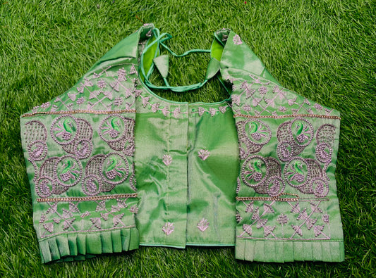 Mint green with peacock 🦚 on hand heavy work blouse 👚