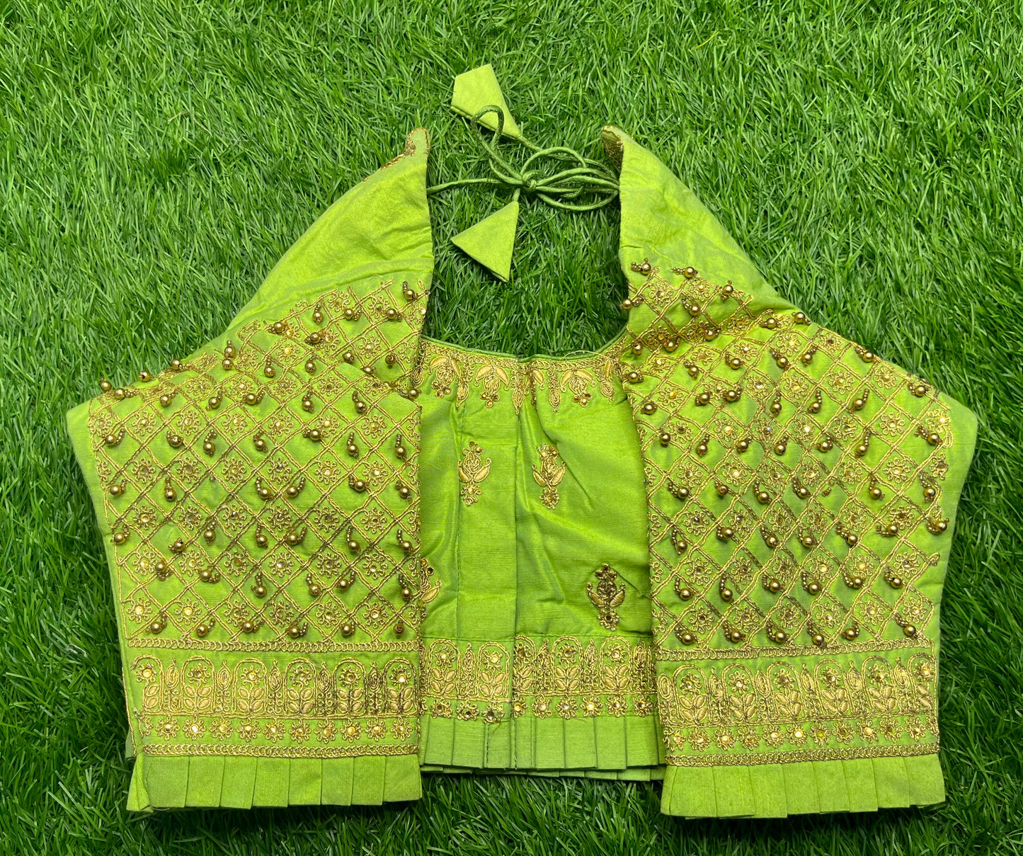 Pista green golden hanging frills maggam work