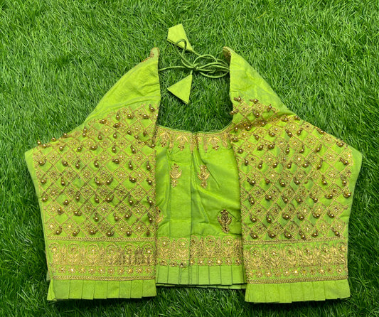 Pista green golden hanging frills maggam work