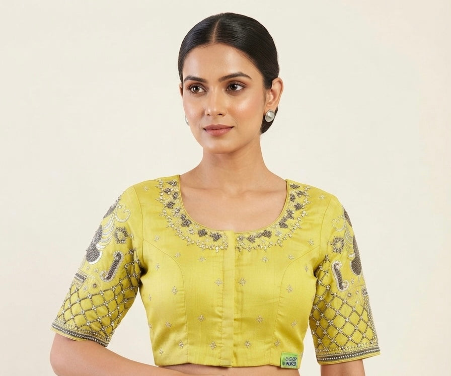 Yellow Silver maggam hands work Blouse 👚