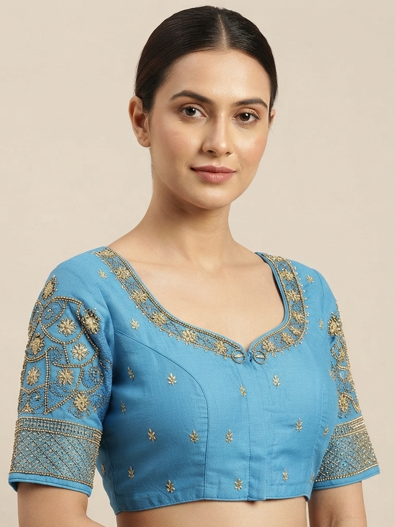 Sky blue maggam work gold Blouse 👚