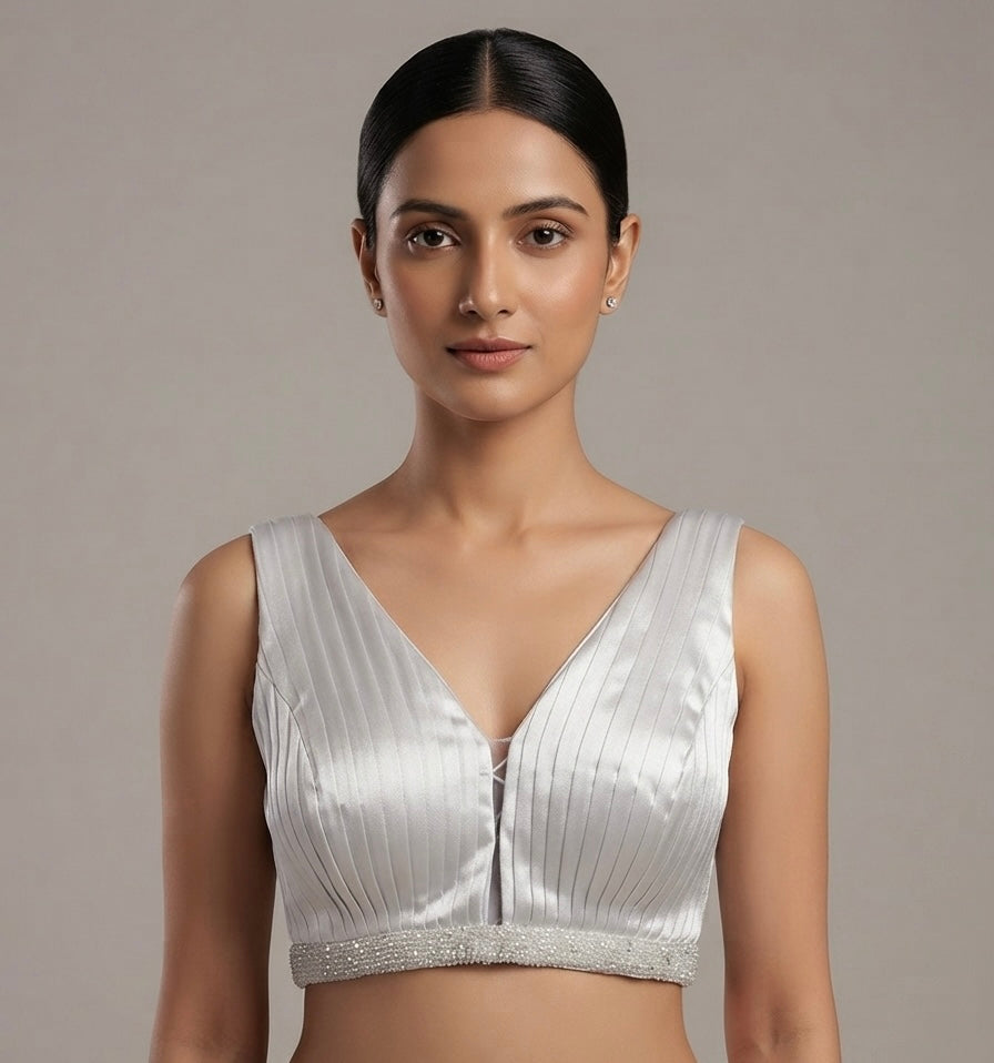 Premium Pleated Satin Pearl Border blouse 👚