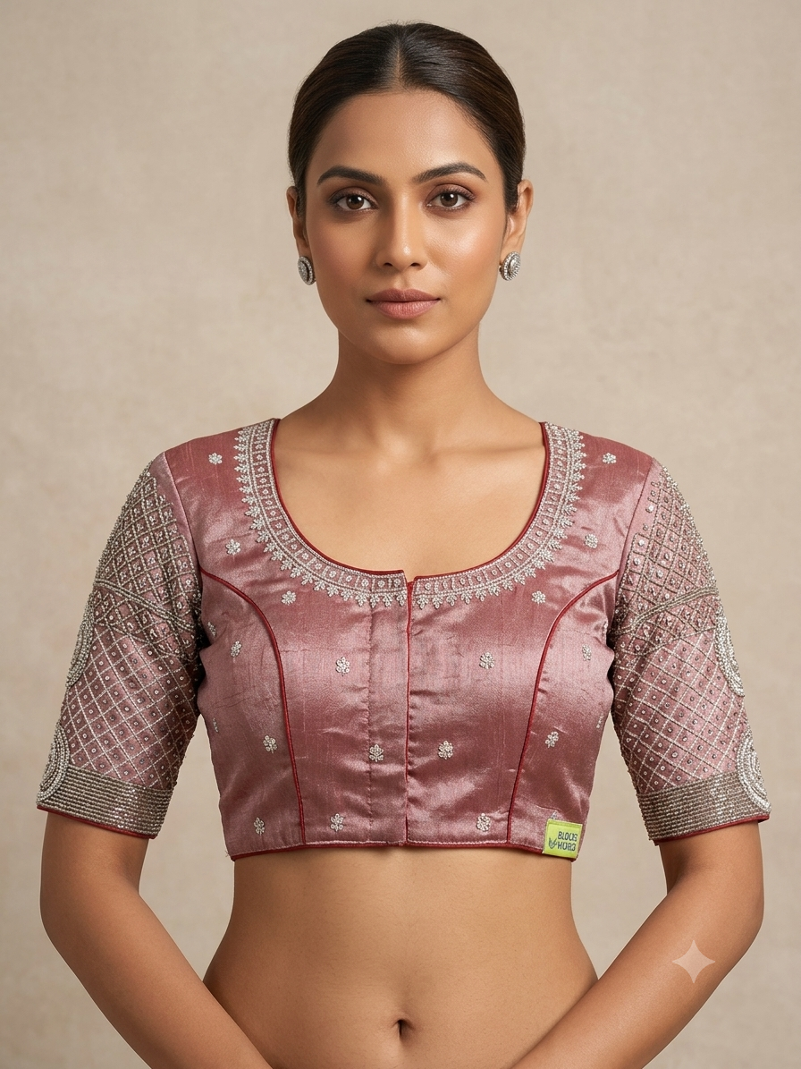 Marroon tissue silver maggam work blouse