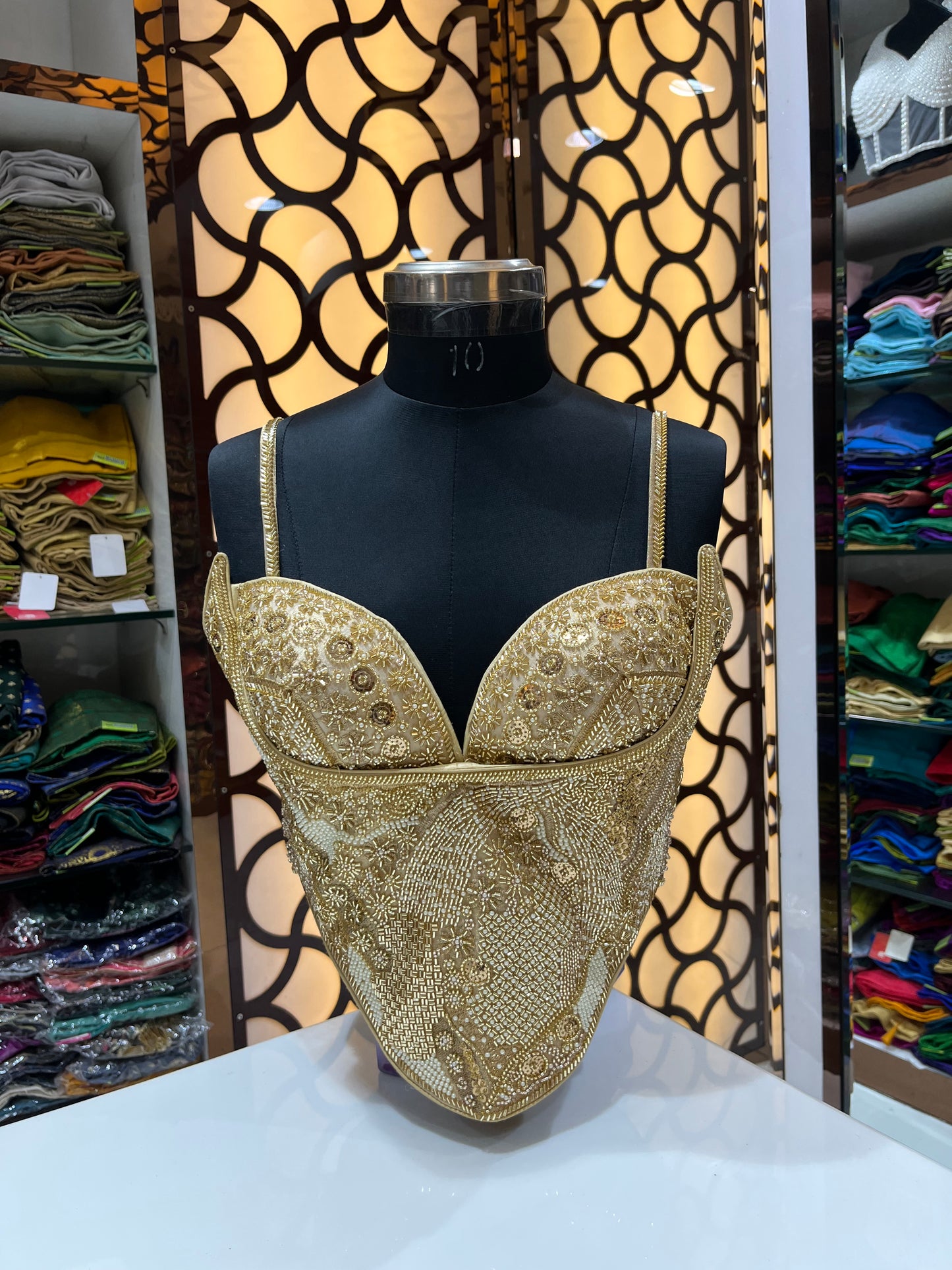 Champagne Radiance: Sequin-Embellished Floral Corset