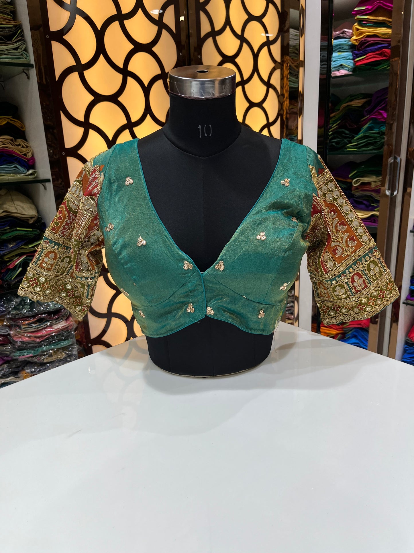 Rama blue tissue v neck back high blouse 👚