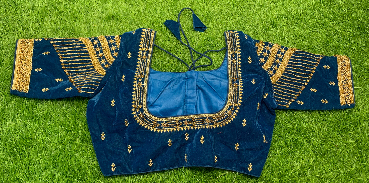Rama blue velvet golden work heavy designer blouse
