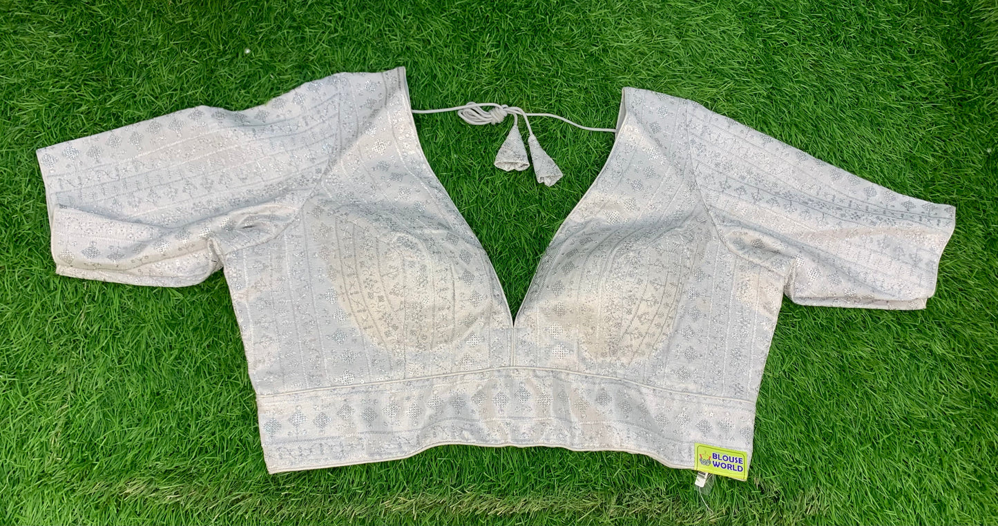 Silver v neck self work with hands blouse