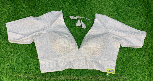Silver v neck self work with hands blouse