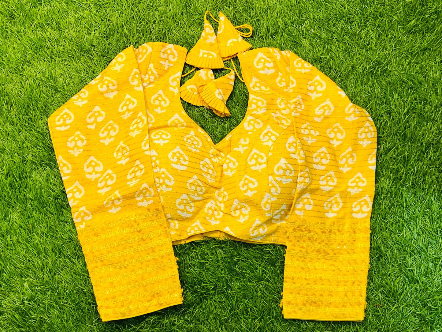 Yellow yellow with off white print full hands blouse