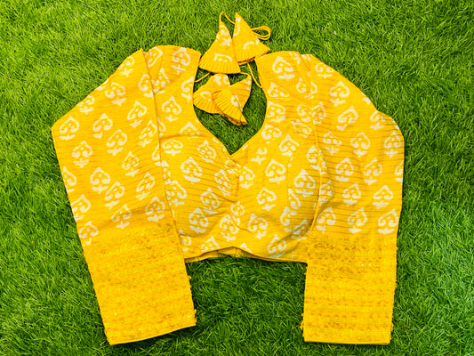 Yellow yellow with off white print full hands blouse