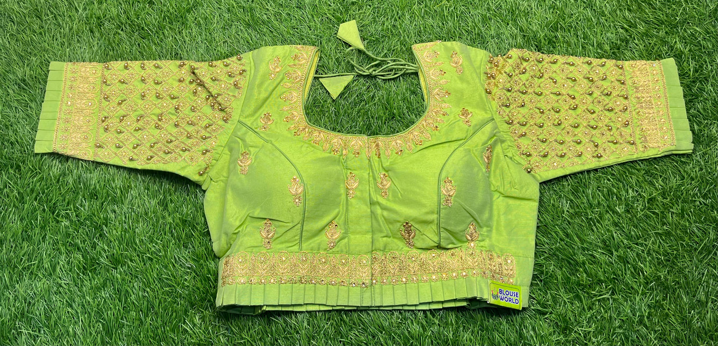 Pista green golden hanging frills maggam work