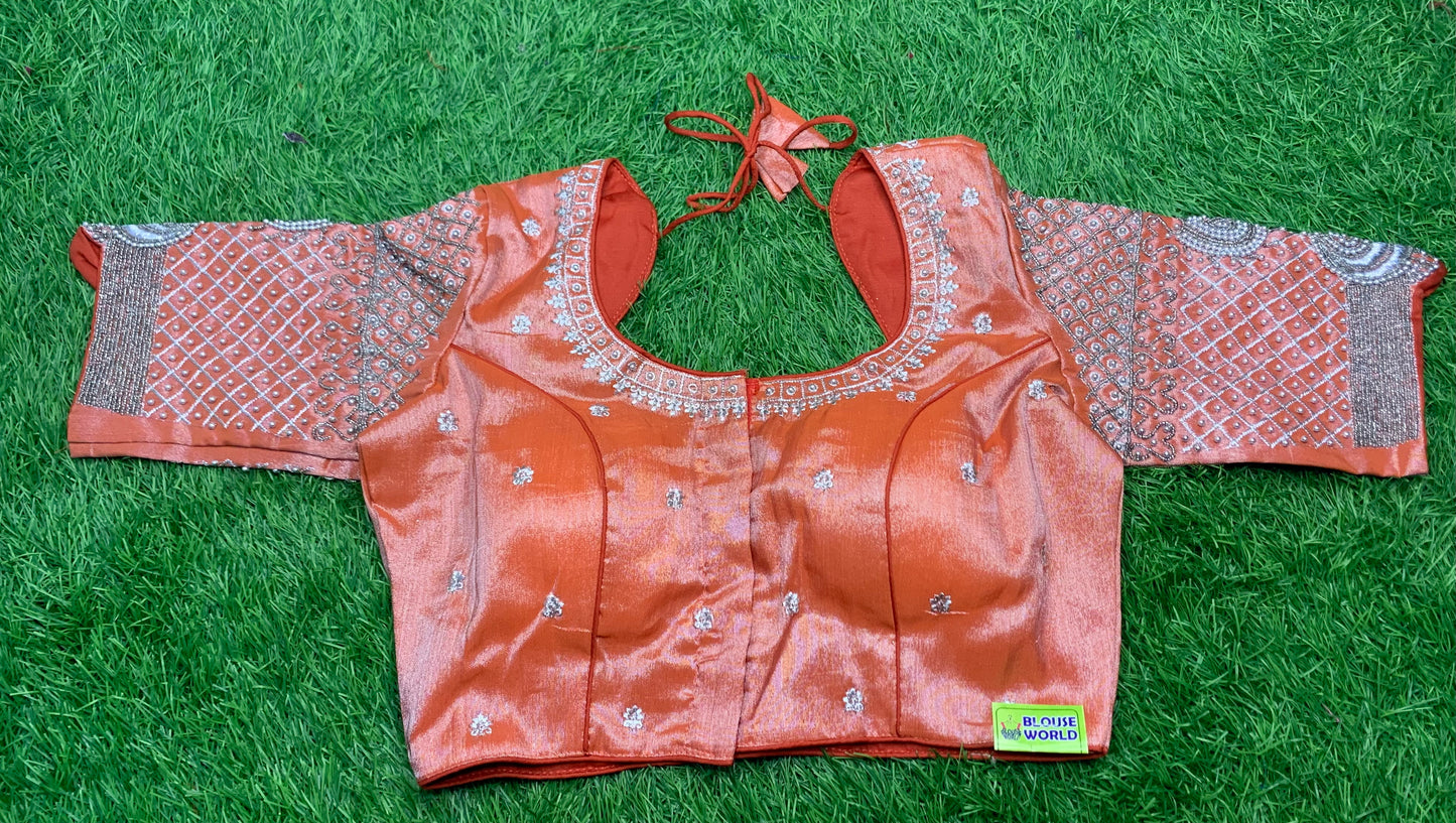 Orange 🍊 tissue with silver heavy work blouse 👚