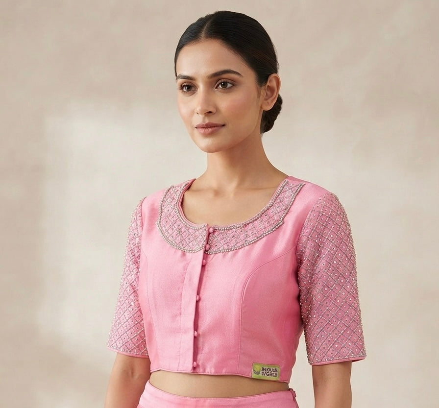 Pink Silver maggam work blouse
