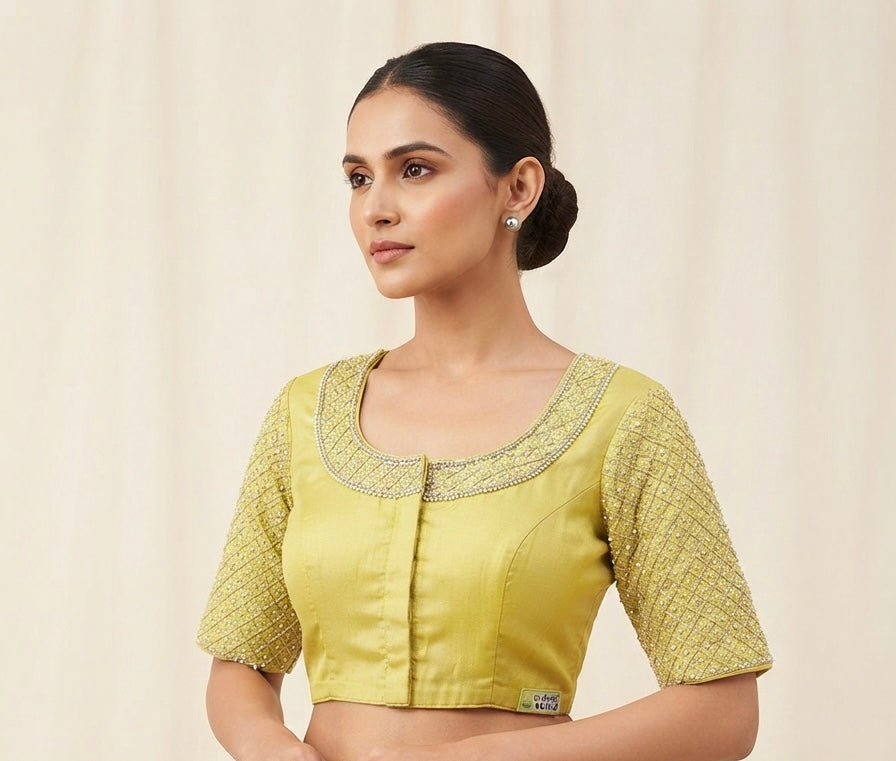 Yellow Silver maggam hands work Blouse 👚